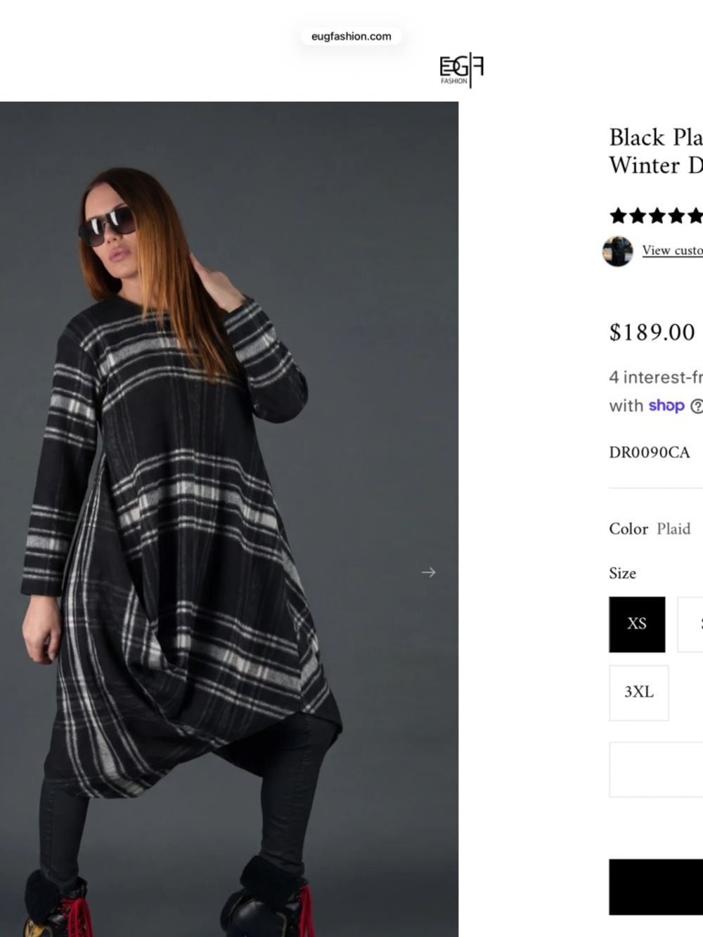 EUG Fashion black plaid wool winter dress
